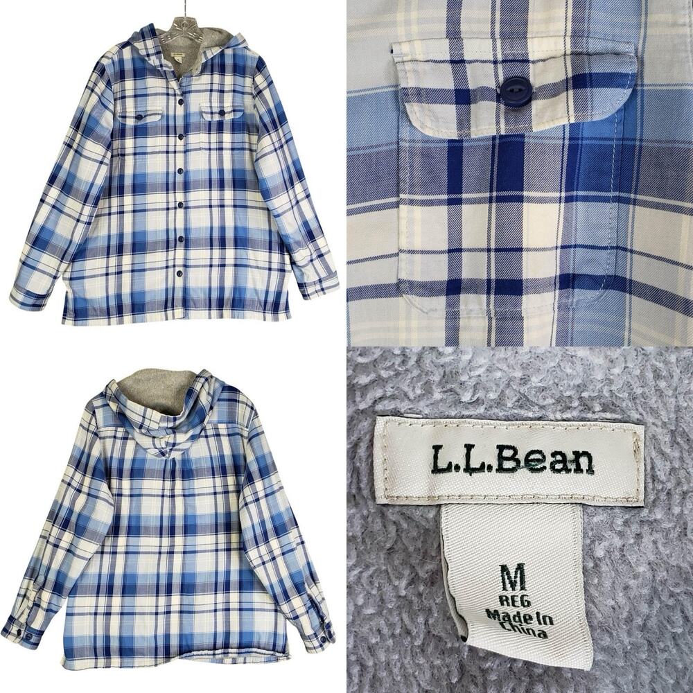 LL Bean Jacket Shacket Flannel Lined Women’s Size Medium M Cotton Blue Hooded
